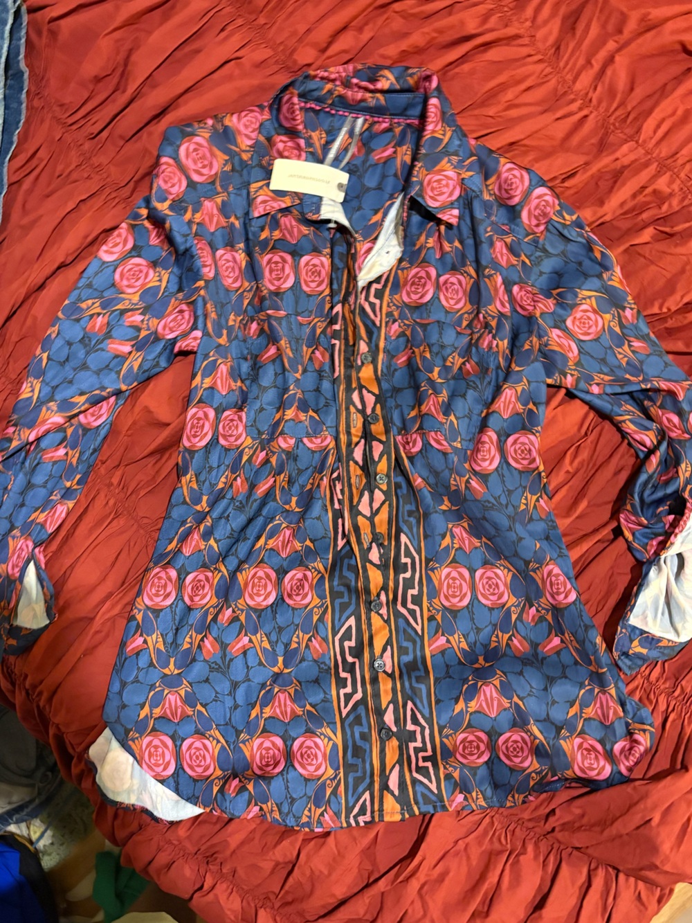 Anthropologie Navy Blue Floral Print button down with Pink and Orange Roses